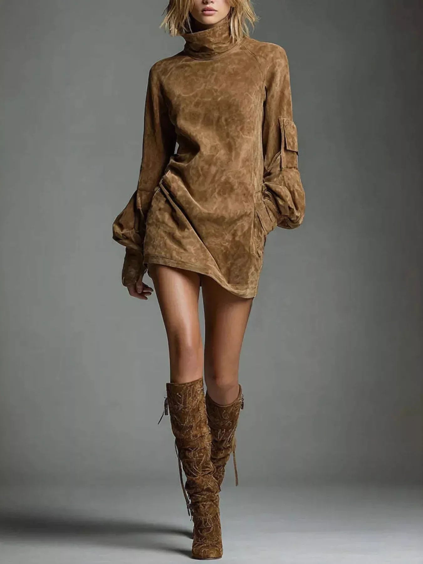 brown turtleneck mini dress Cashmere turtleneck mini dress in beige