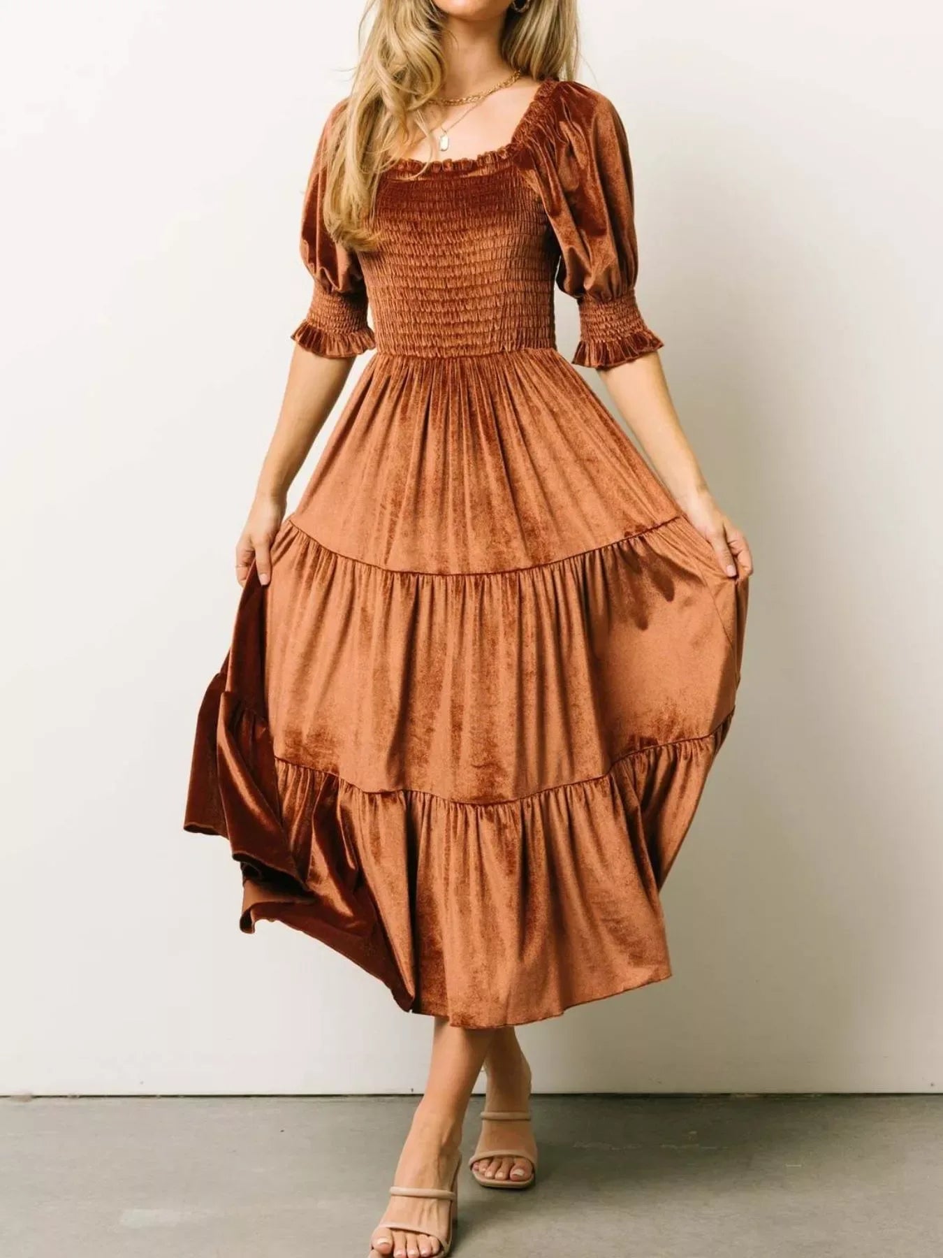 Calista Velvet Smocked Midi Dress - Naarks