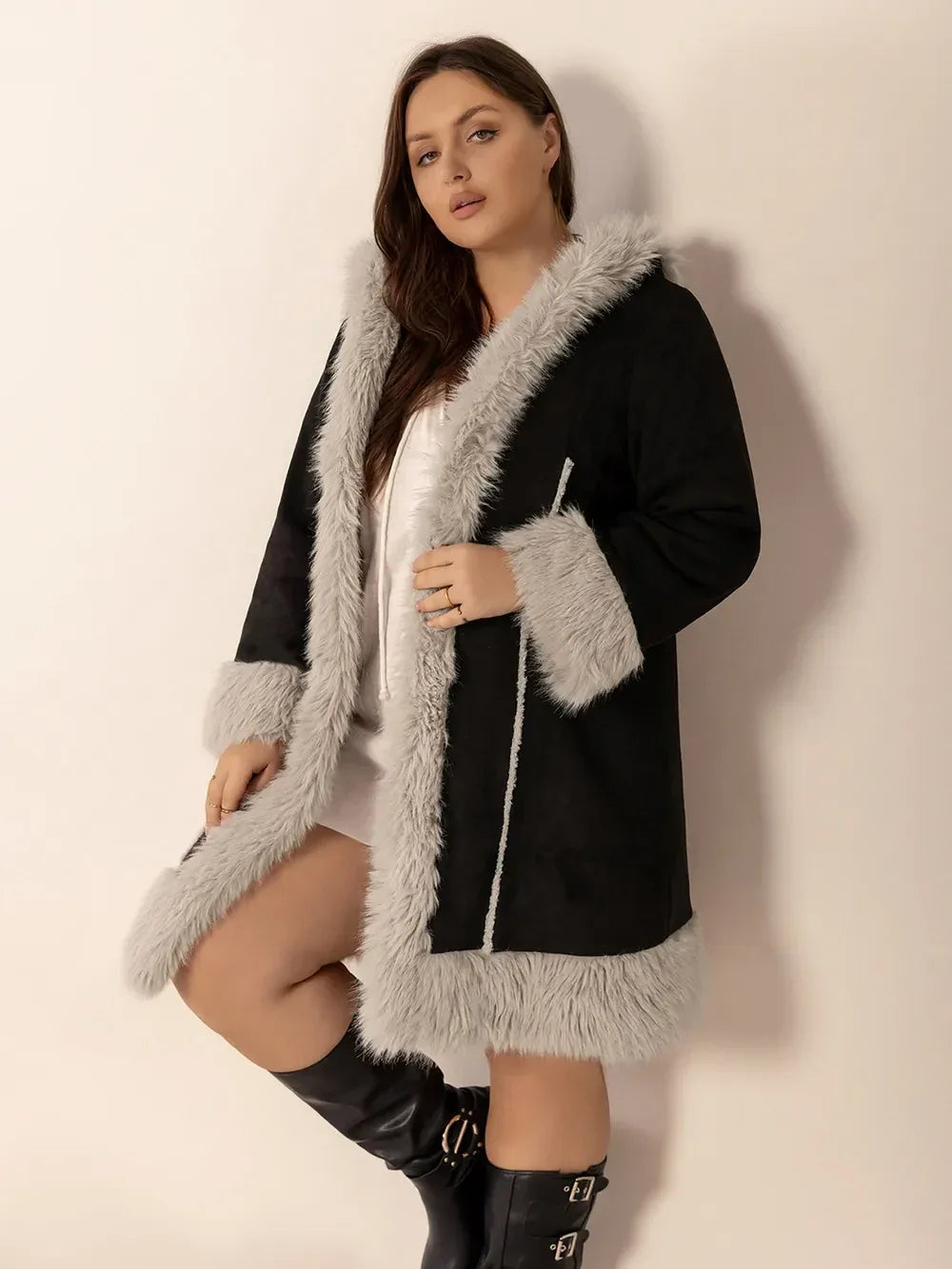 Kiora Fuzzy-Trim Hooded Coat - Naarks
