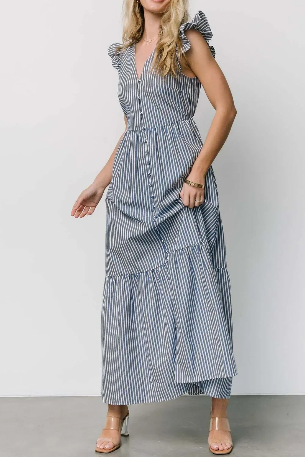 Maris Stripe Ruffle Midi Dress - Naarks