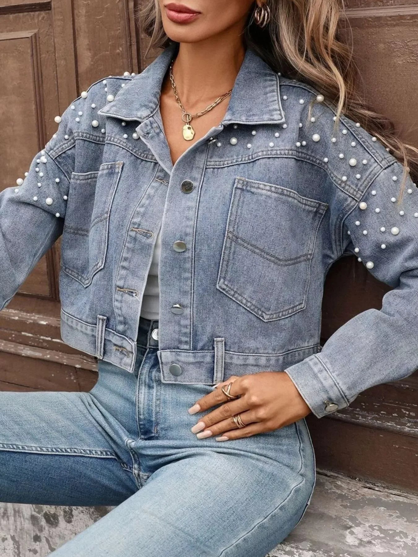 Noelle Pearl Cropped Denim Jacket - Naarks