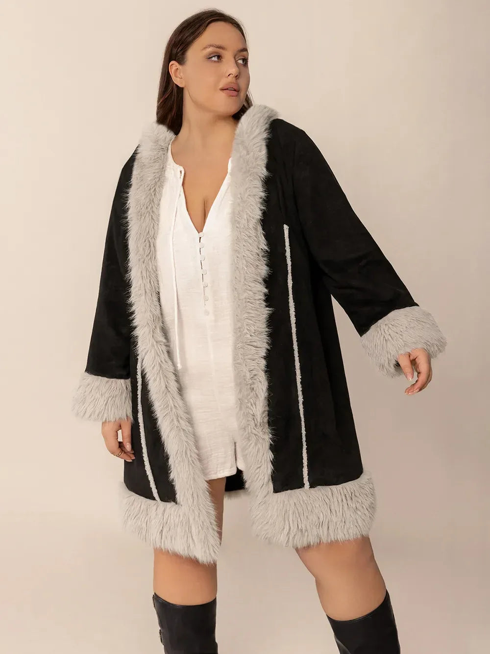Kiora Fuzzy-Trim Hooded Coat - Naarks