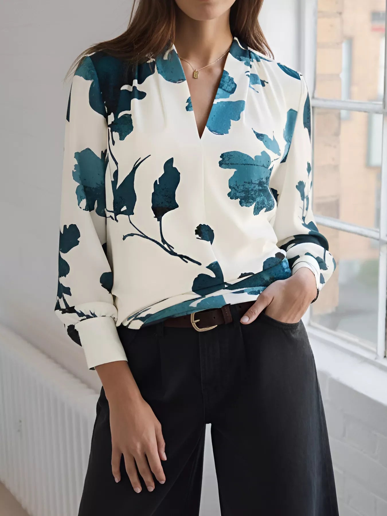 Sylvie Printed V-Neck Blouse - Naarks