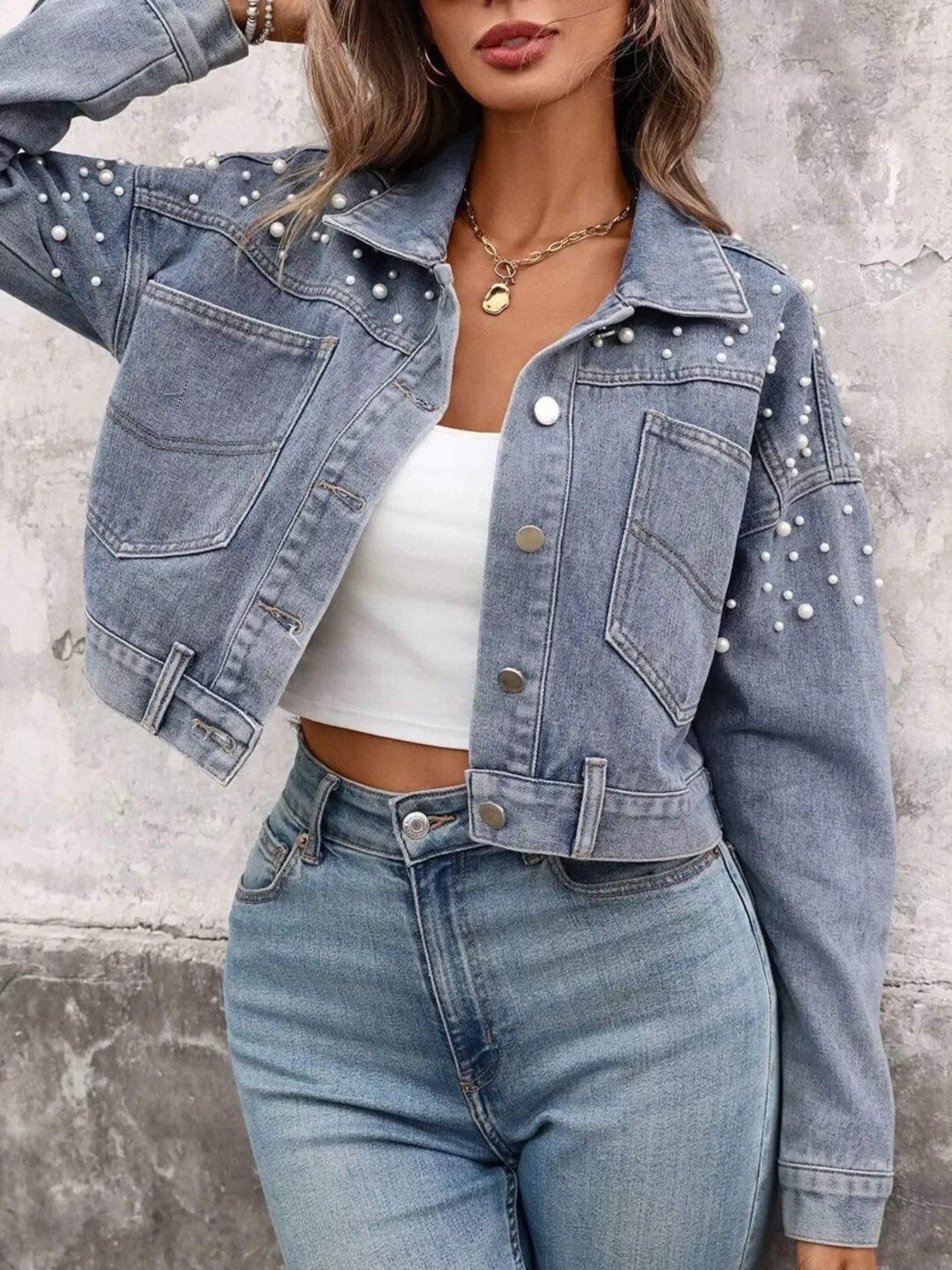 Noelle Pearl Cropped Denim Jacket - Naarks