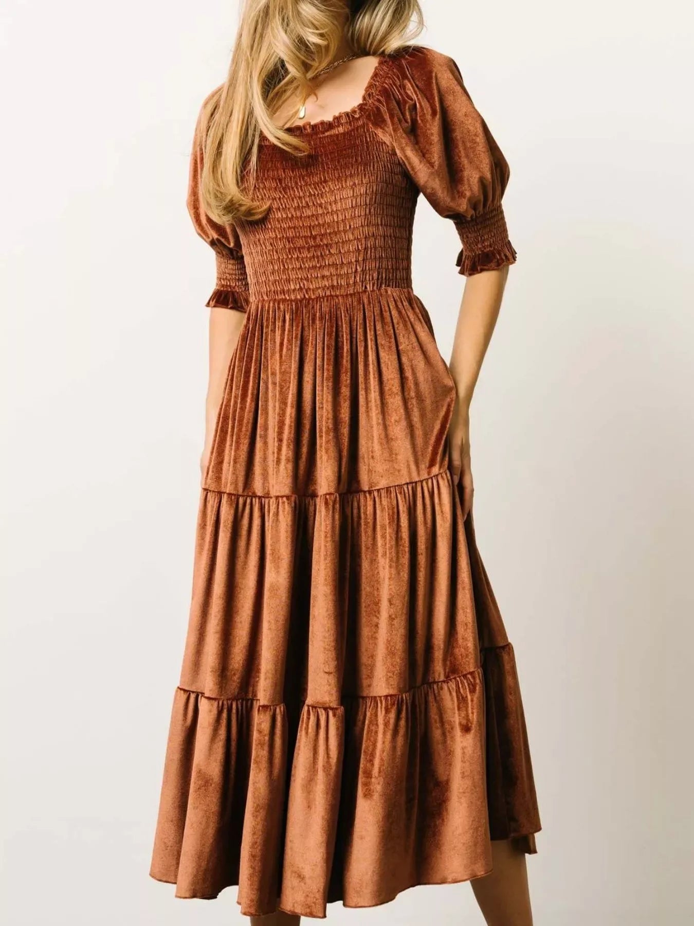 Calista Velvet Smocked Midi Dress - Naarks