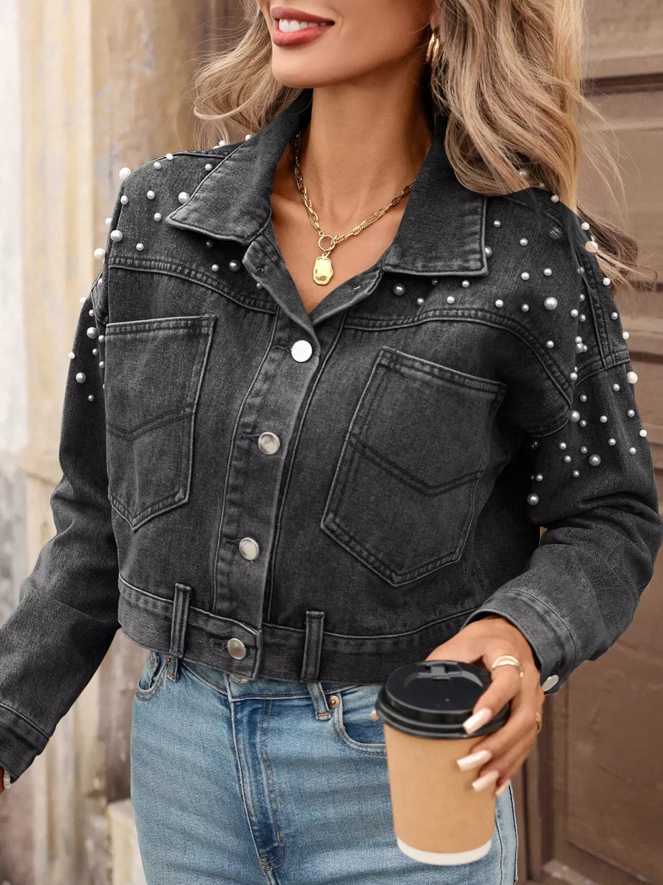 Noelle Pearl Cropped Denim Jacket - Naarks