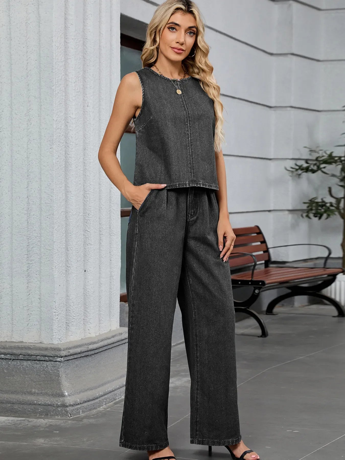 Kaia Round Neck Tank & Pants Denim Set - Naarks