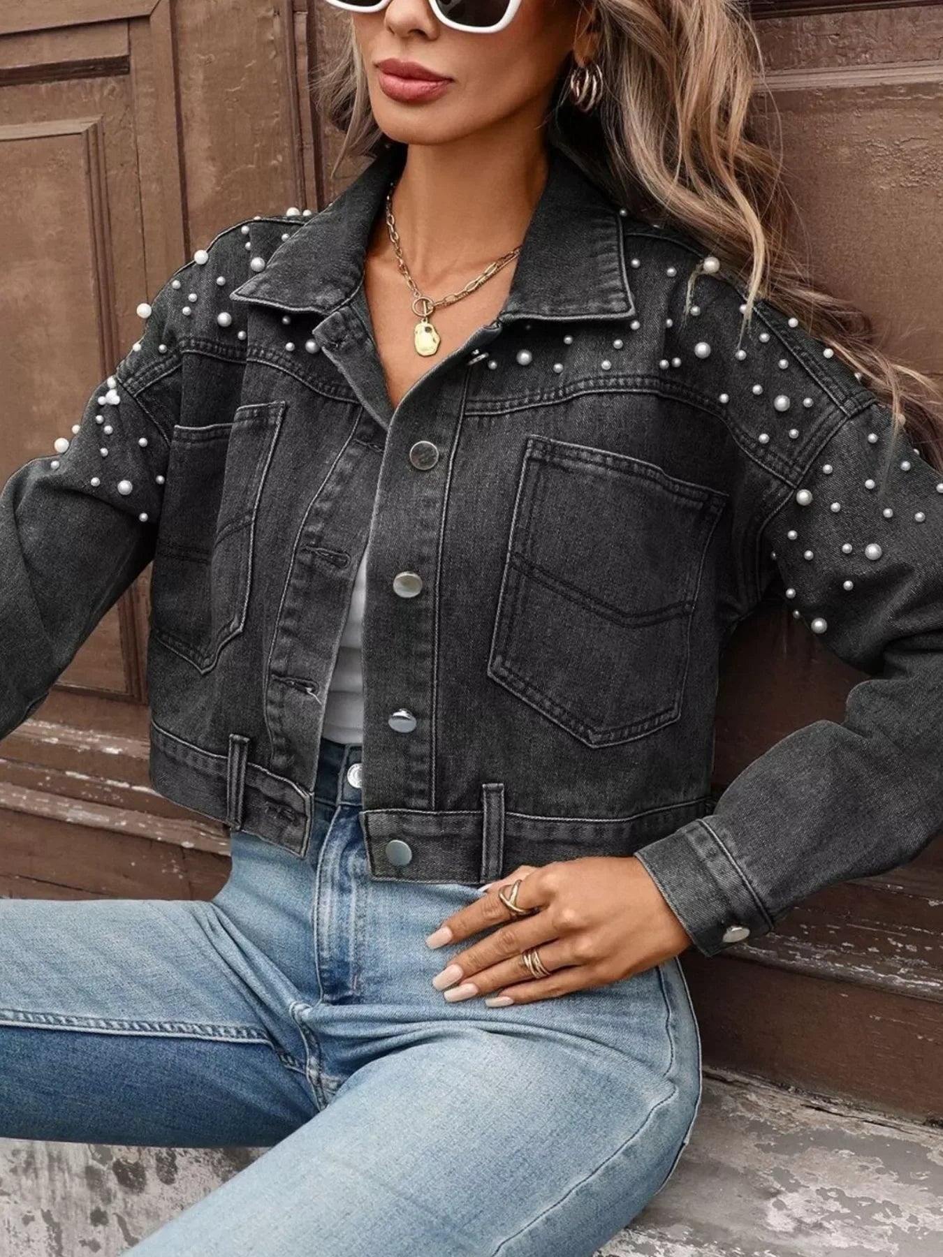 Noelle Pearl Cropped Denim Jacket - Naarks