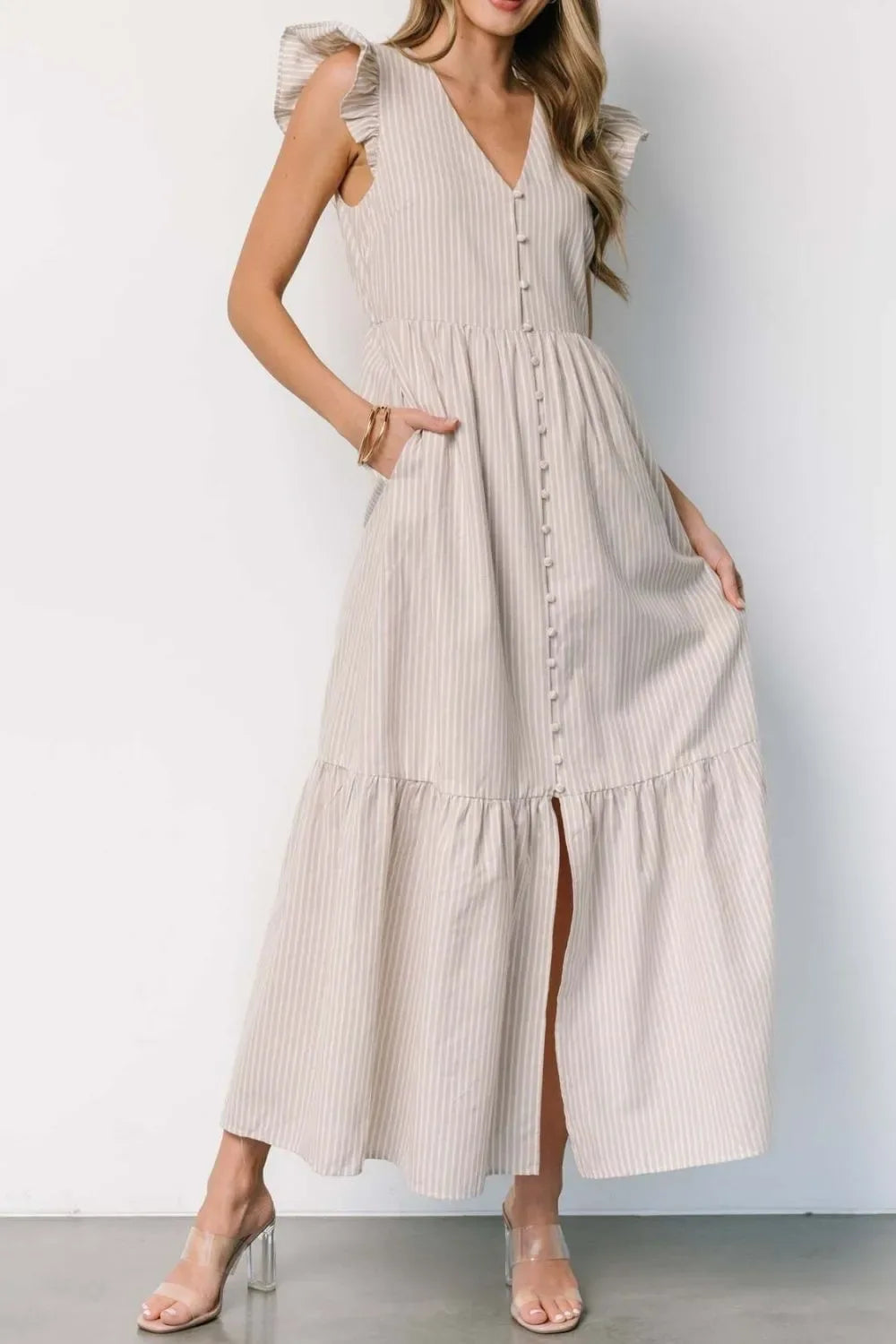 Maris Stripe Ruffle Midi Dress - Naarks