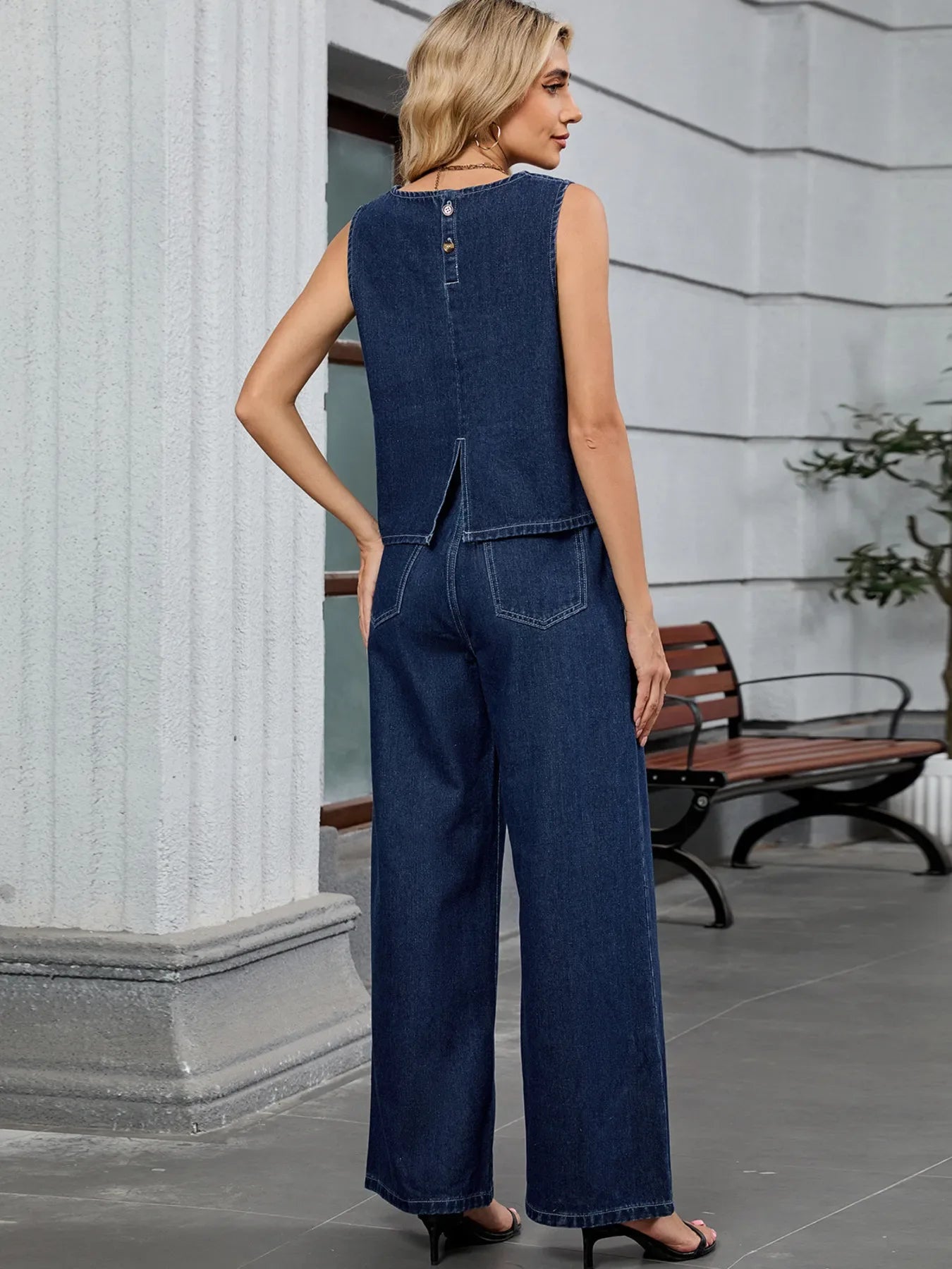 Kaia Round Neck Tank & Pants Denim Set - Naarks