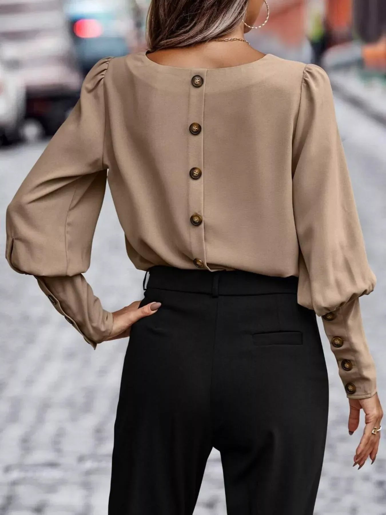 Alinda Back-Button Lantern Sleeve Blouse - Naarks