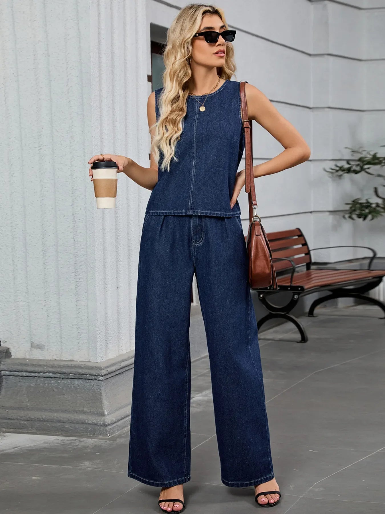 Kaia Round Neck Tank & Pants Denim Set - Naarks
