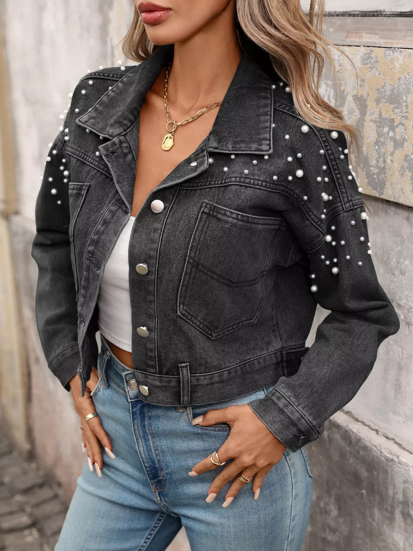 Noelle Pearl Cropped Denim Jacket - Naarks