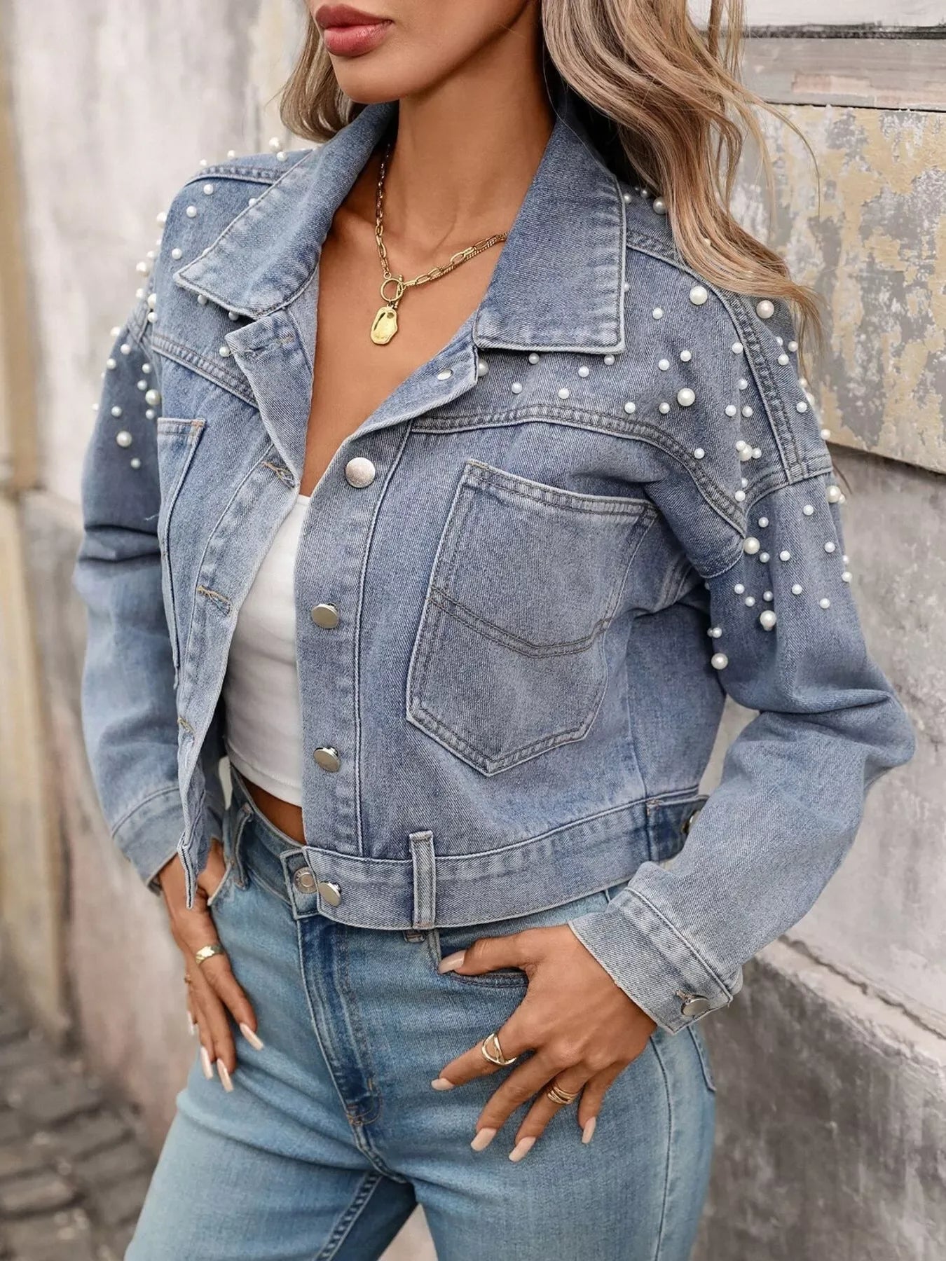 Noelle Pearl Cropped Denim Jacket - Naarks