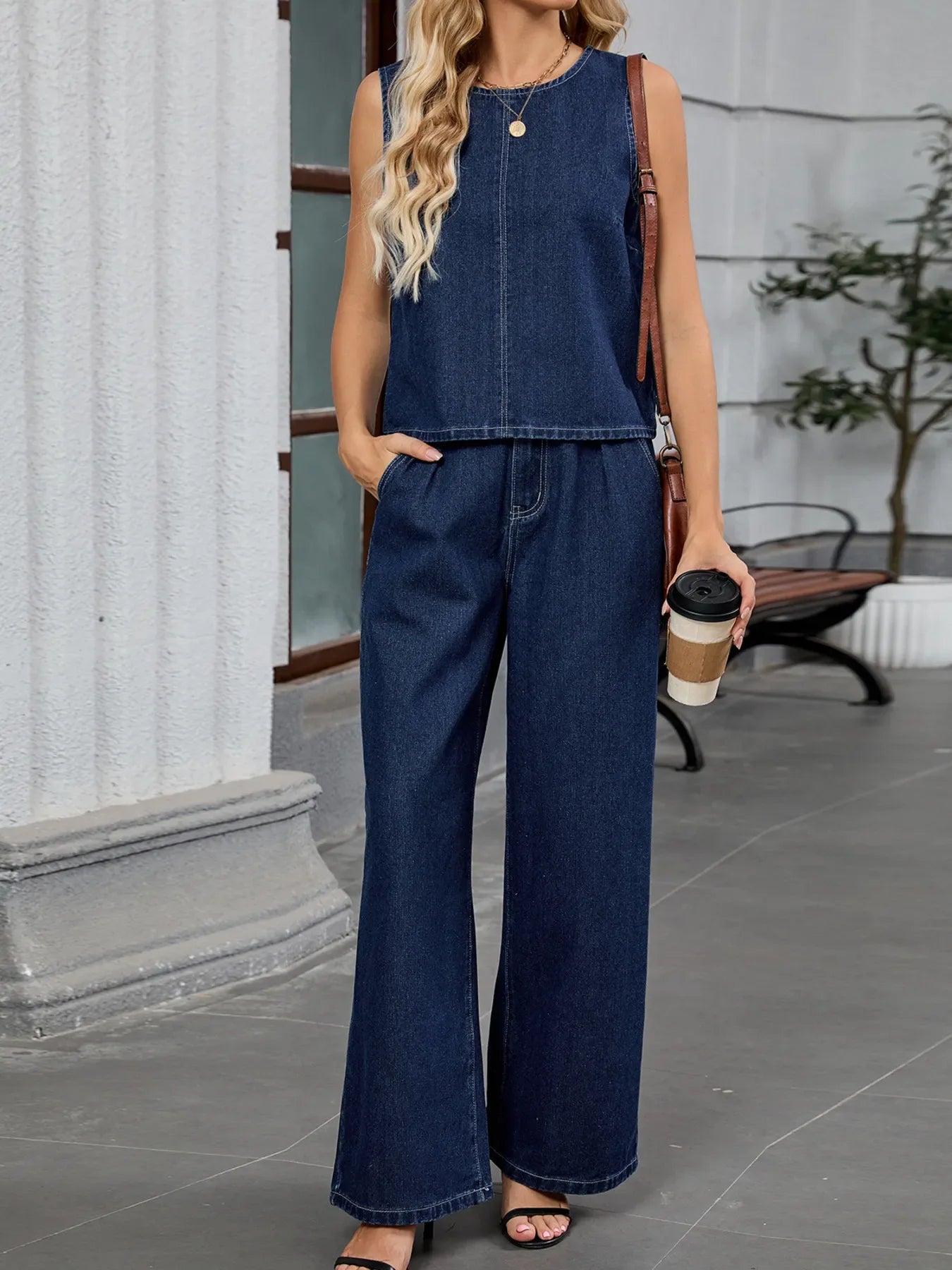 Kaia Round Neck Tank & Pants Denim Set - Naarks