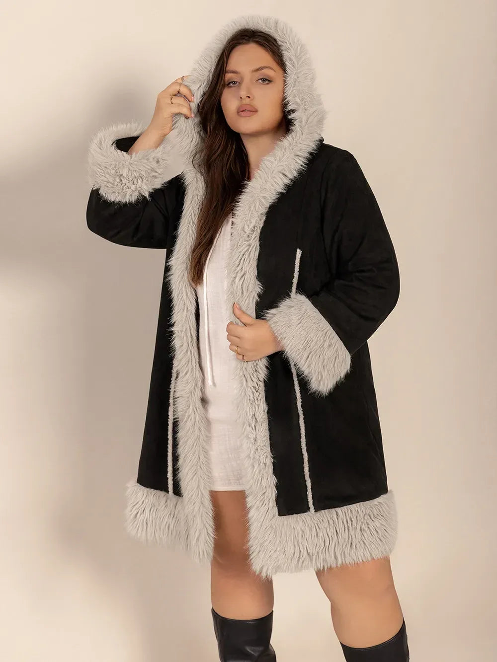 Kiora Fuzzy-Trim Hooded Coat - Naarks