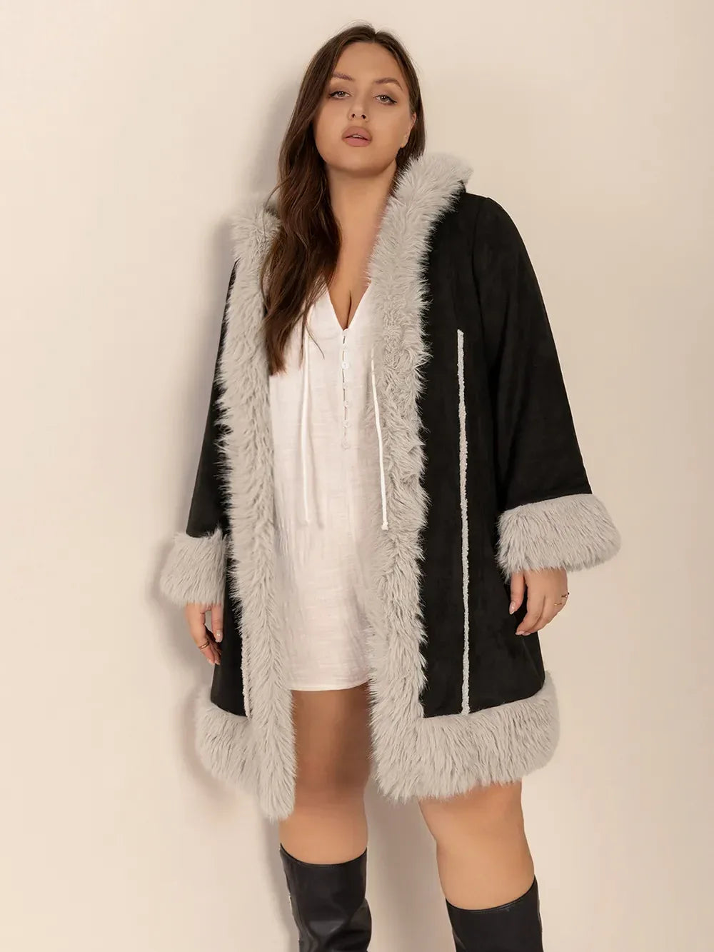 Kiora Fuzzy-Trim Hooded Coat - Naarks