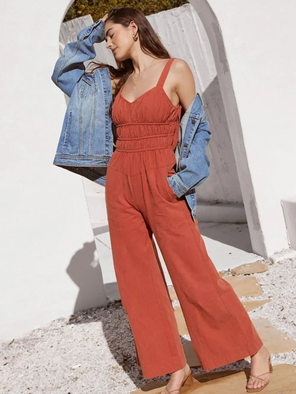 Mirelle Ruched Wide-Strap Jumpsuit - Naarks