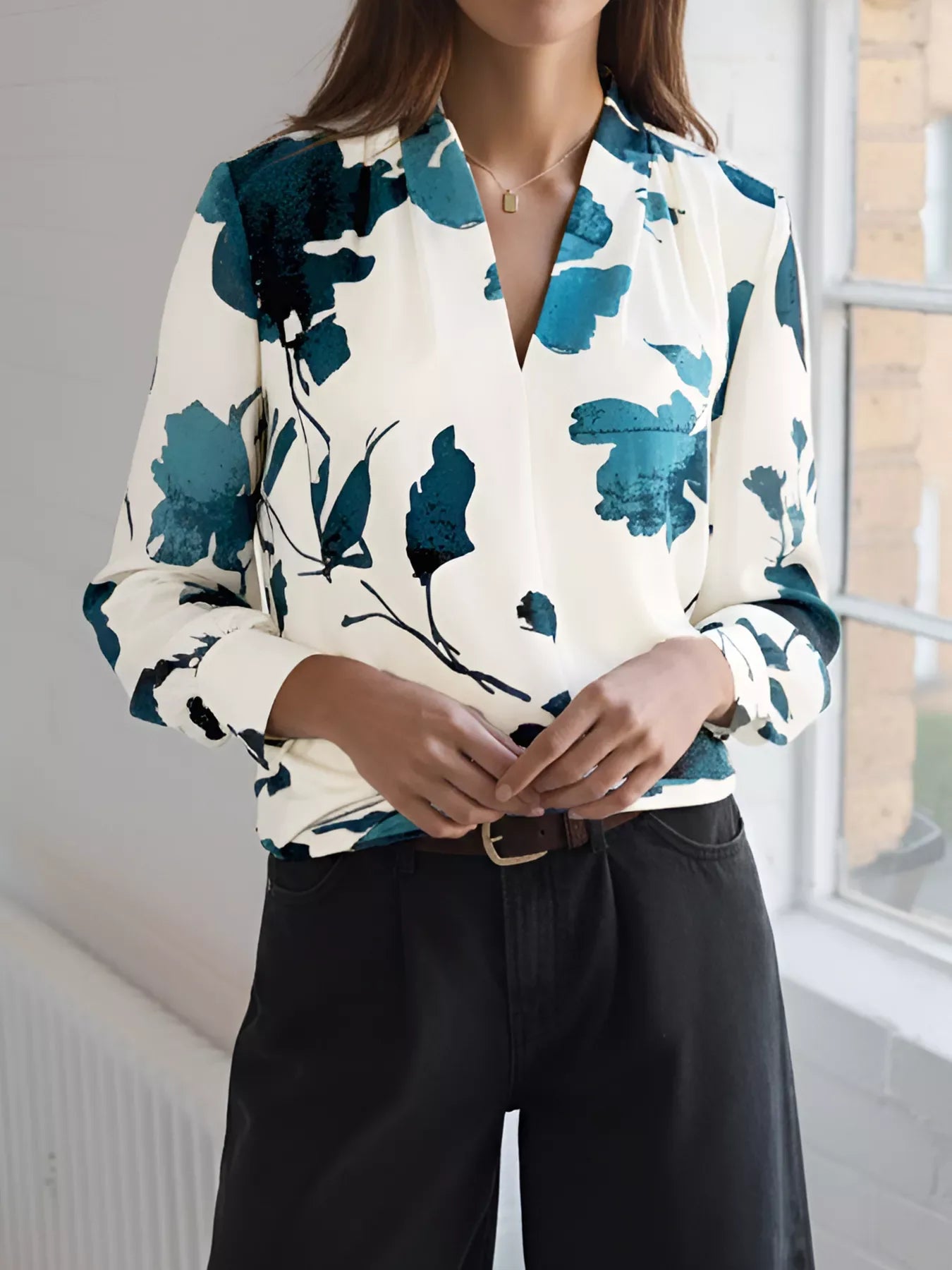 Sylvie Printed V-Neck Blouse - Naarks