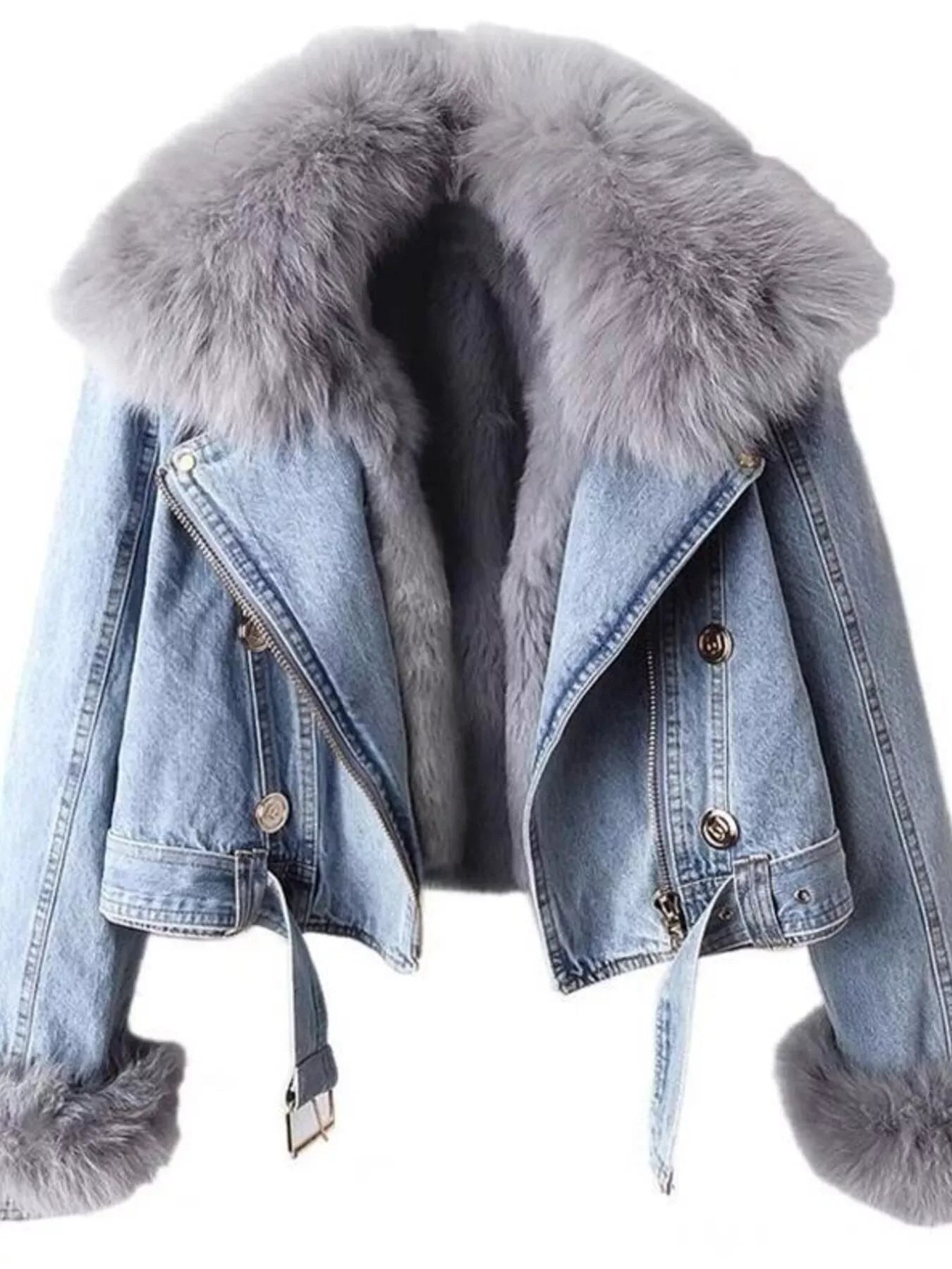 Aurora Faux Fur Collar Denim Jacket - Naarks