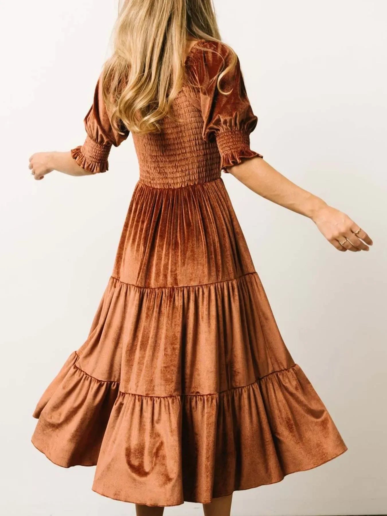 Calista Velvet Smocked Midi Dress - Naarks