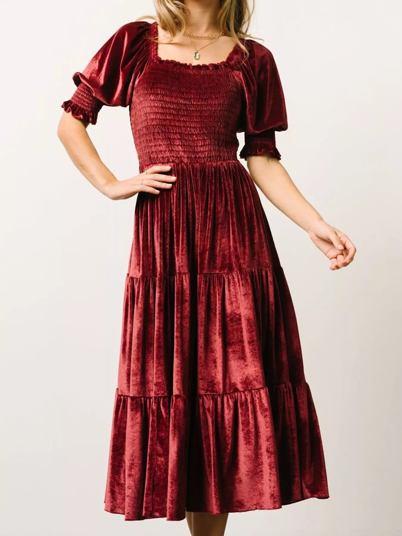 Calista Velvet Smocked Midi Dress - Naarks