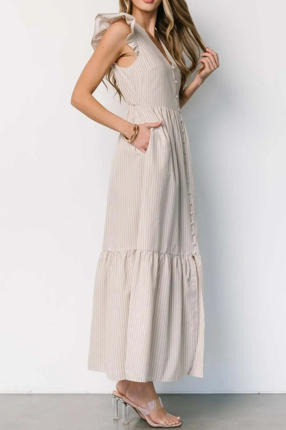 Maris Stripe Ruffle Midi Dress - Naarks