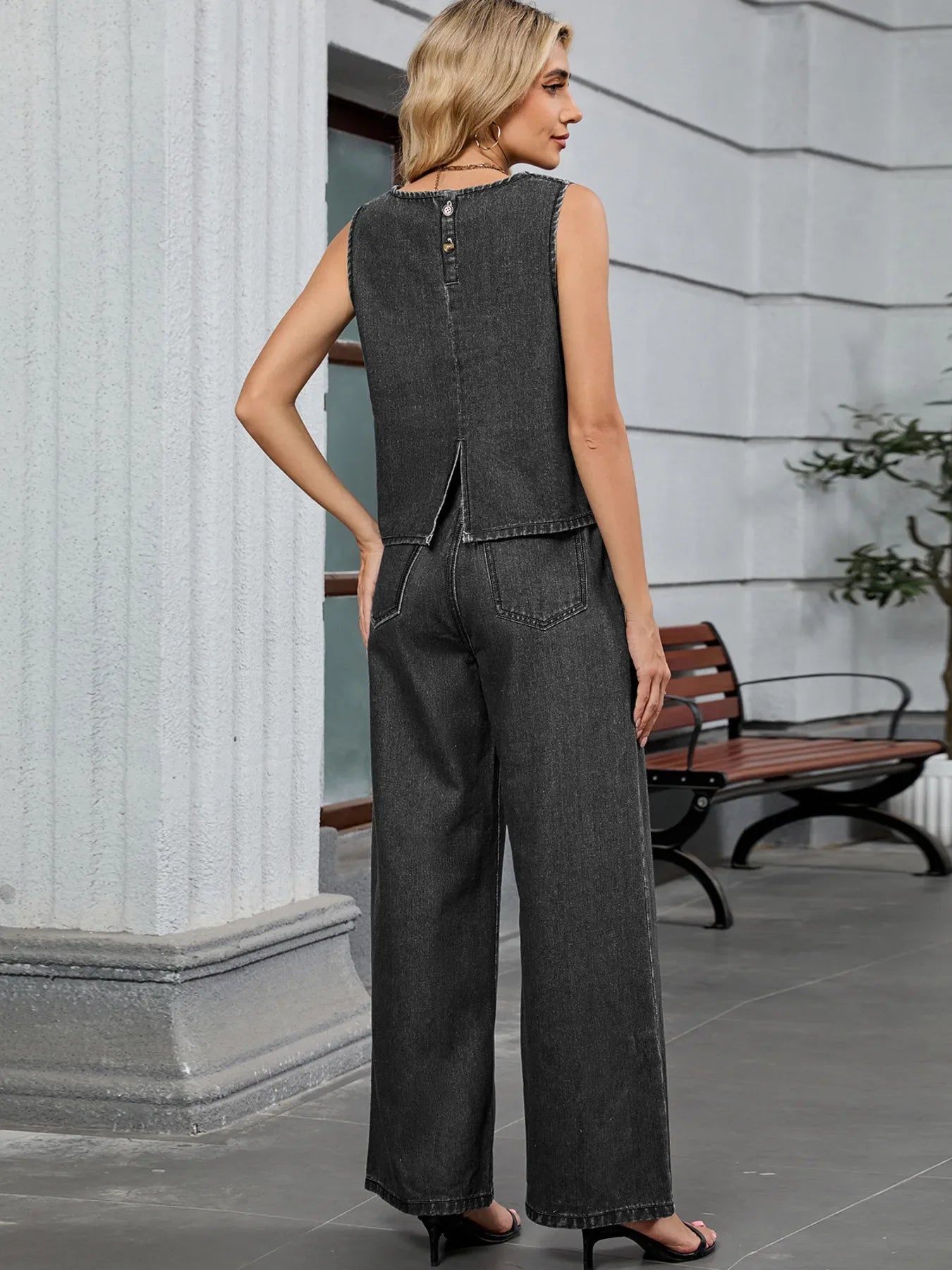 Kaia Round Neck Tank & Pants Denim Set - Naarks