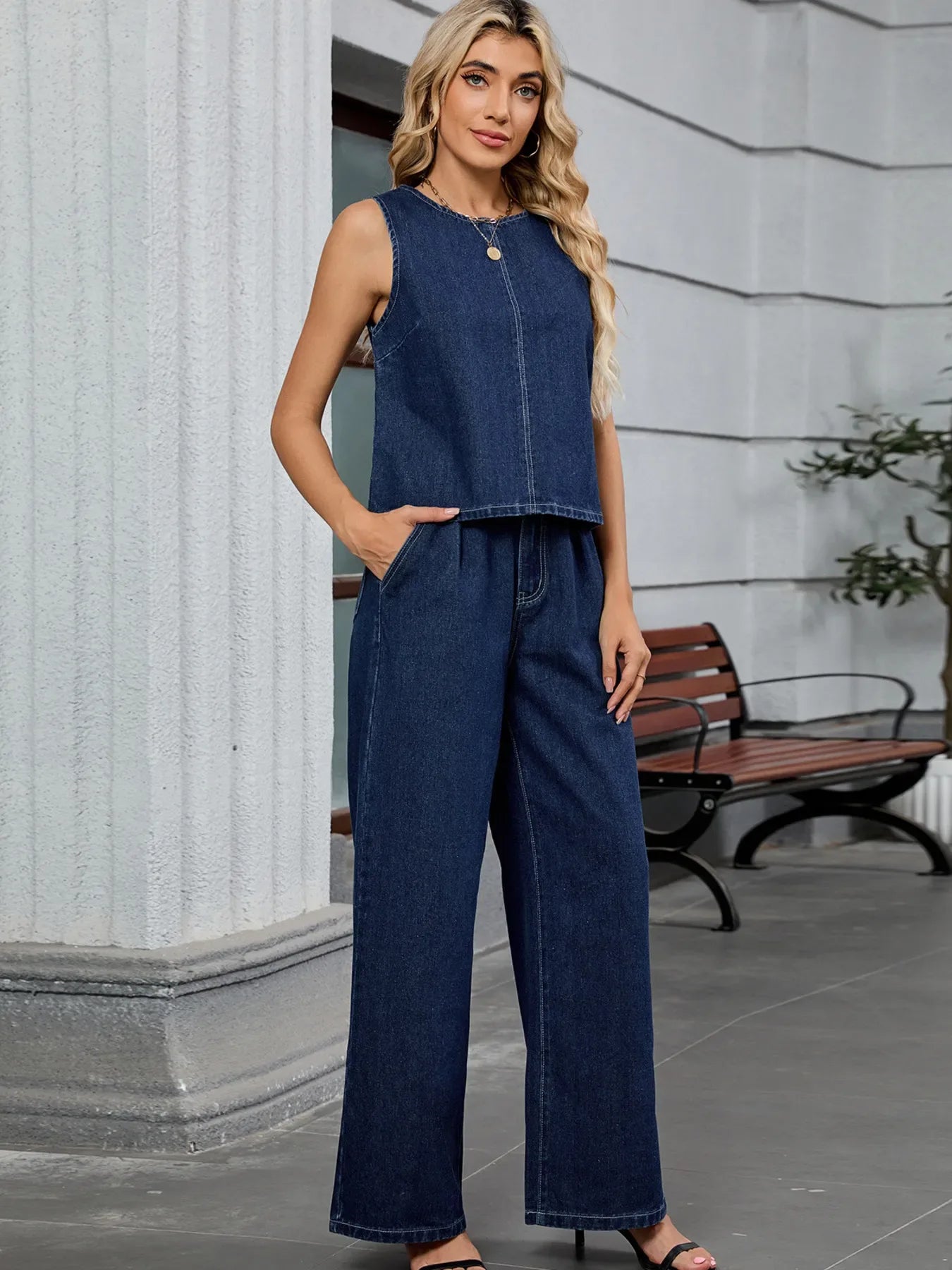 Kaia Round Neck Tank & Pants Denim Set - Naarks