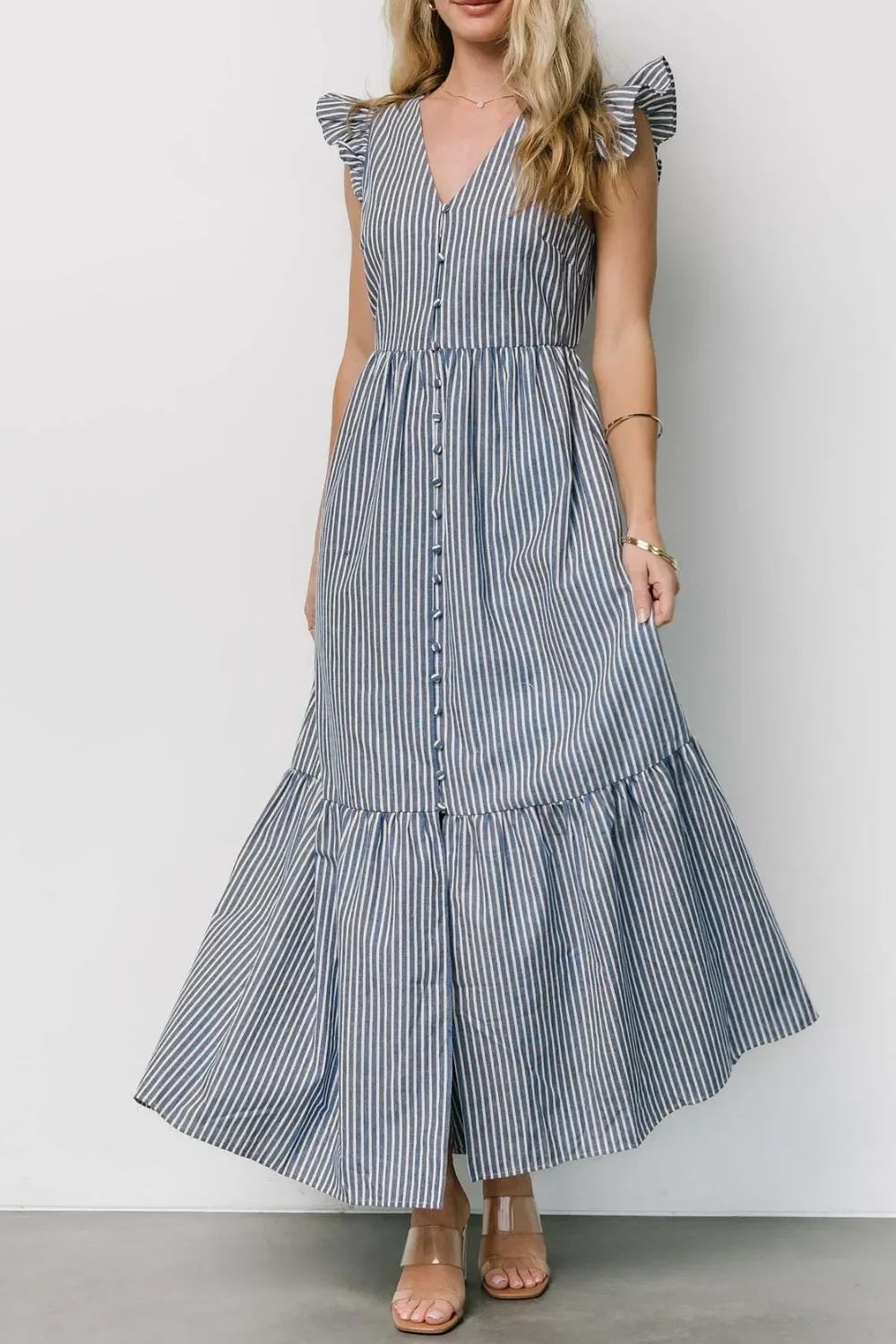 Maris Stripe Ruffle Midi Dress - Naarks