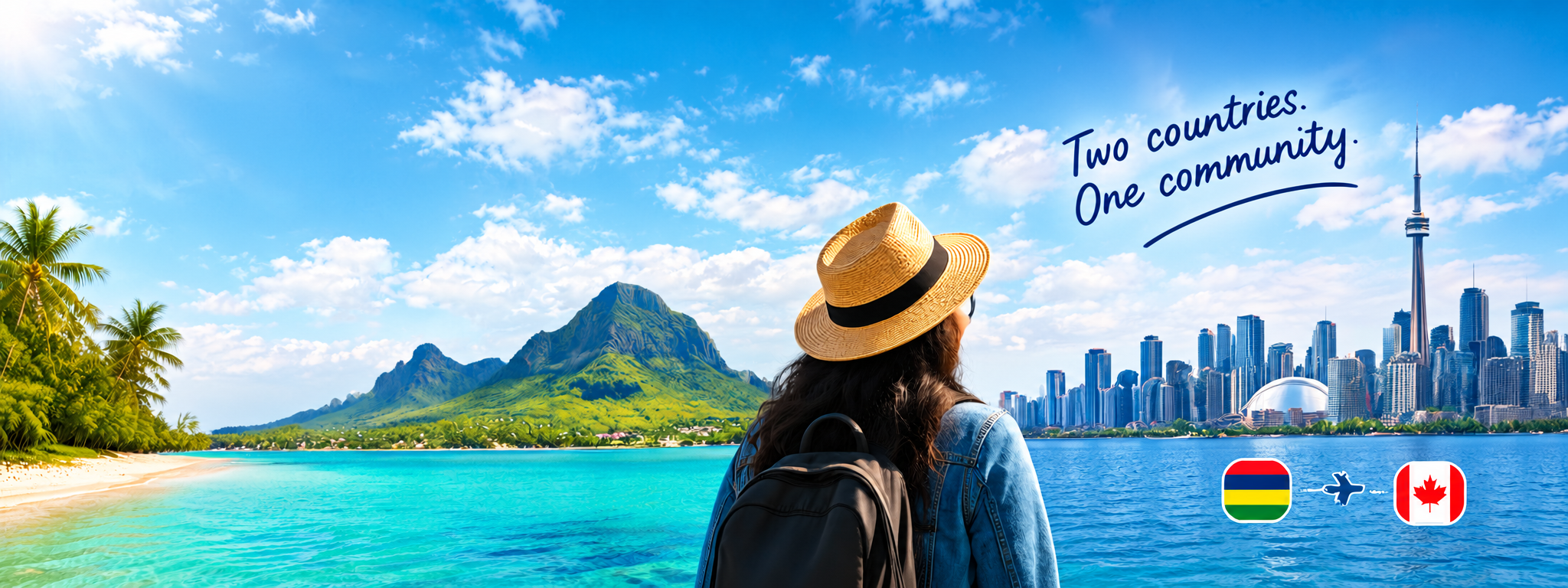 A traveller looking toward Mauritius on one side and the Toronto skyline on the other: two countries, one community